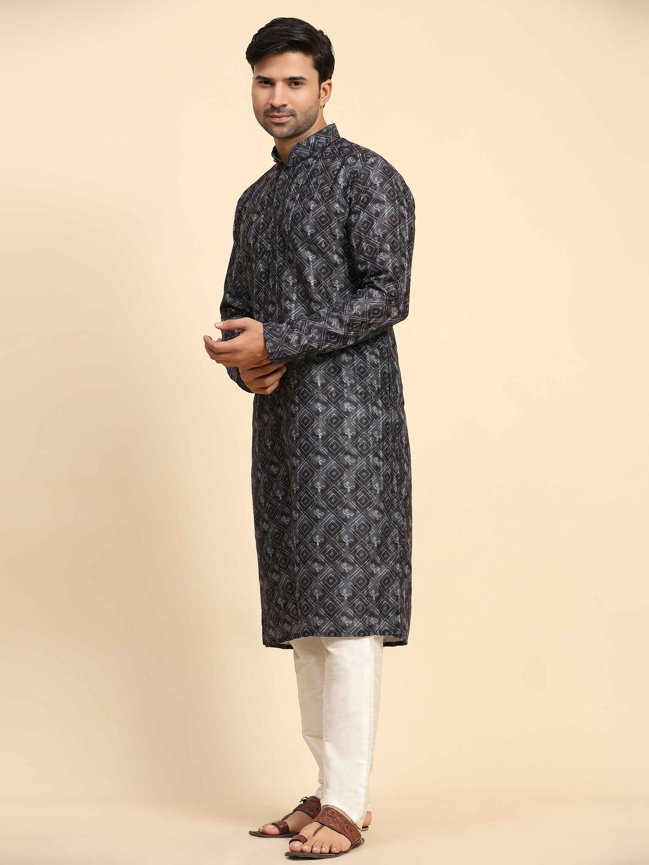 Men's Black Cotton Digital Printed Kurta Pajama Set