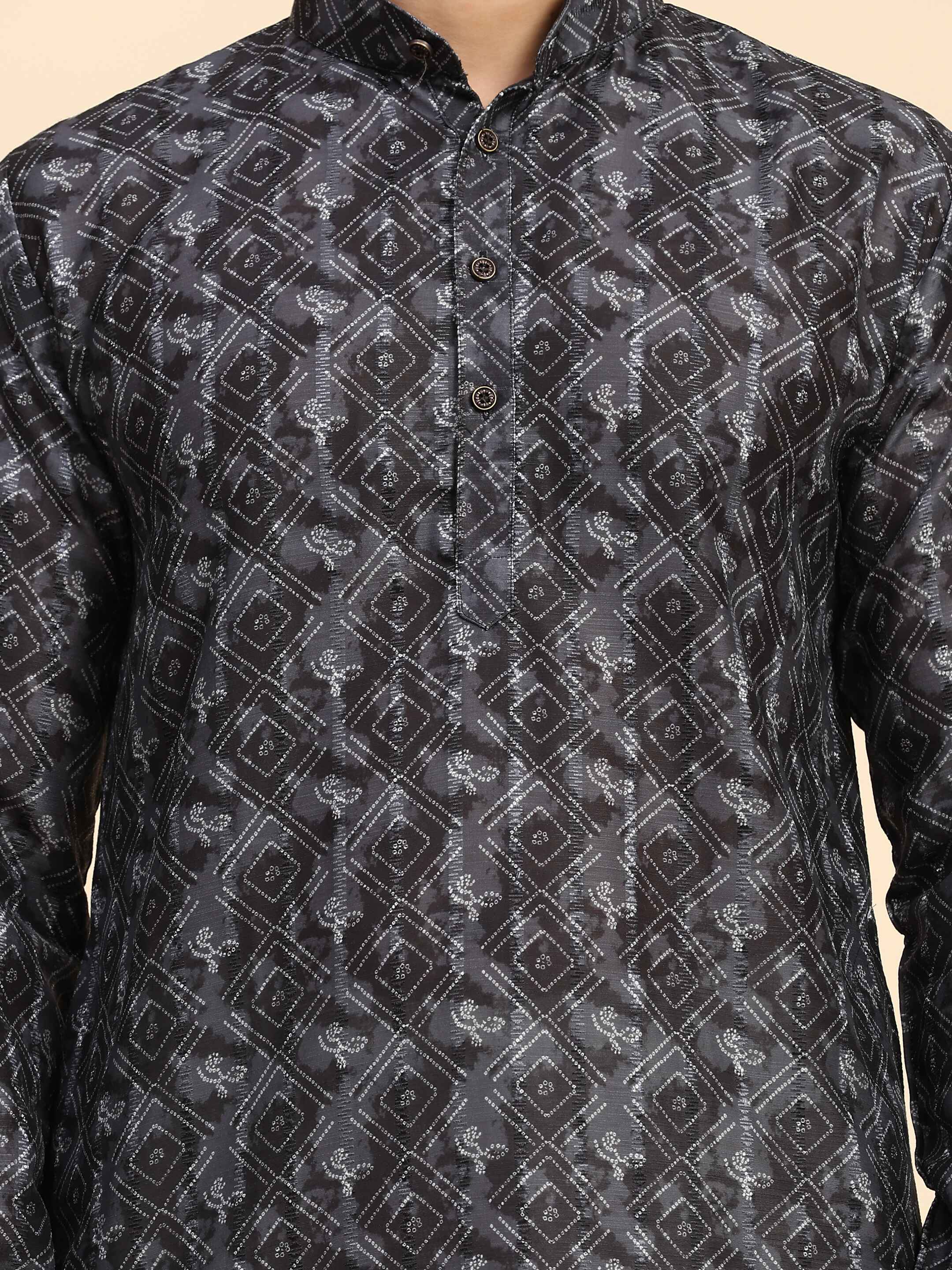 Men's Black Cotton Digital Printed Kurta Pajama Set