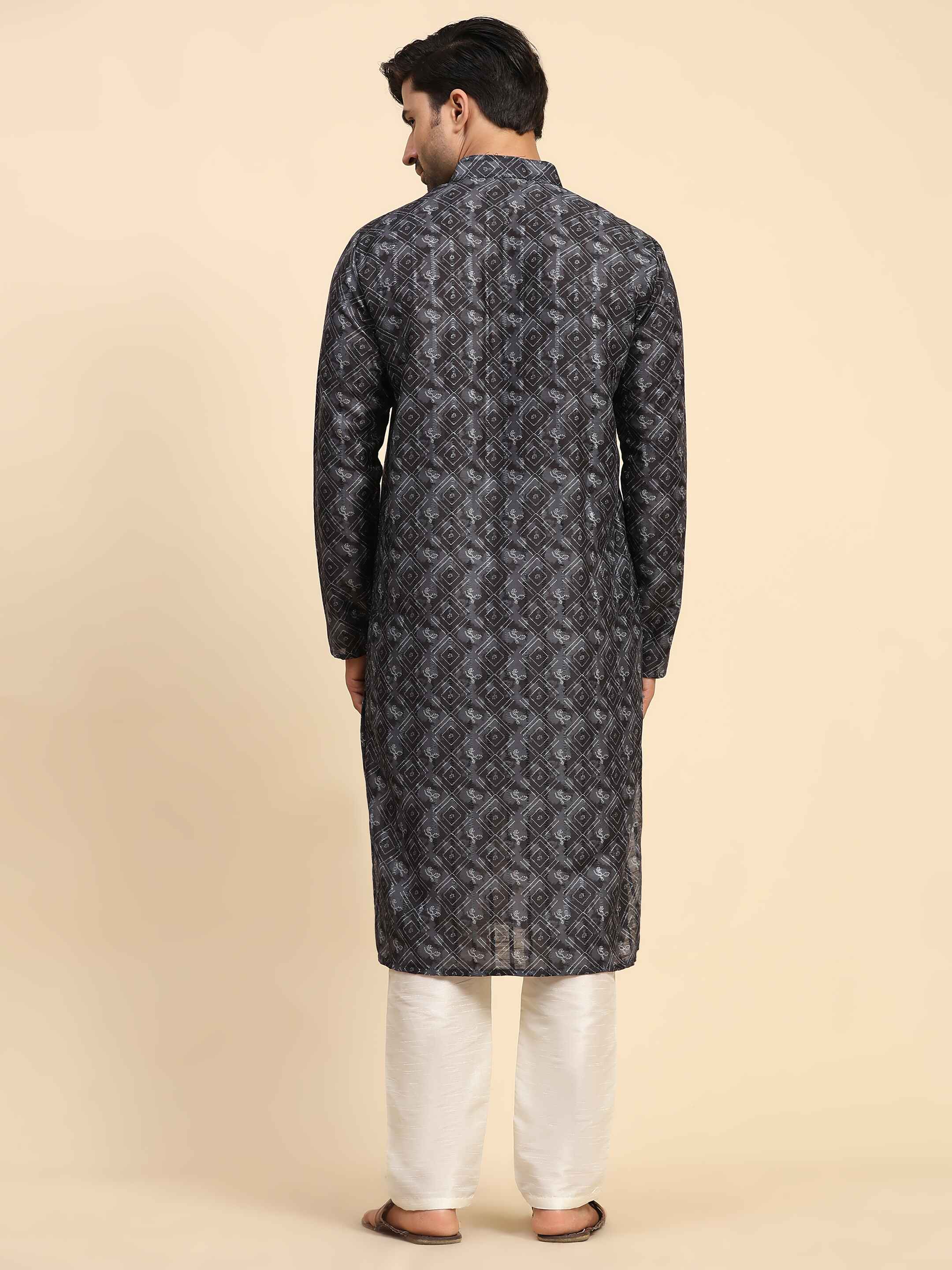 Men's Black Cotton Digital Printed Kurta Pajama Set