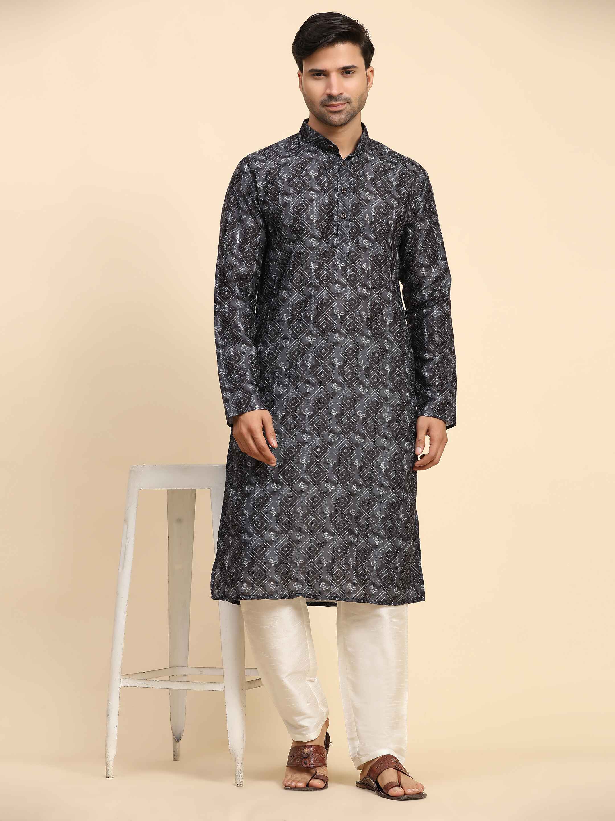 Men's Black Cotton Digital Printed Kurta Pajama Set