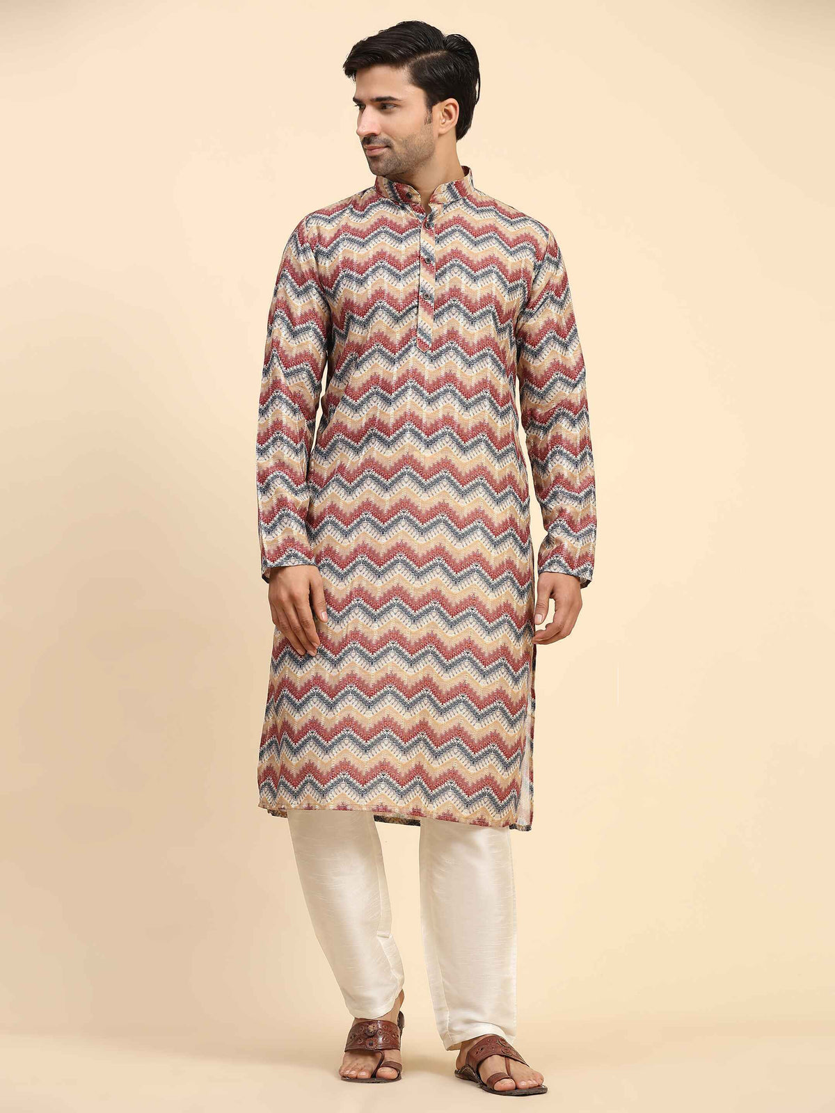 Men's Multi Chevron Print Cotton Kurta Pajama Set