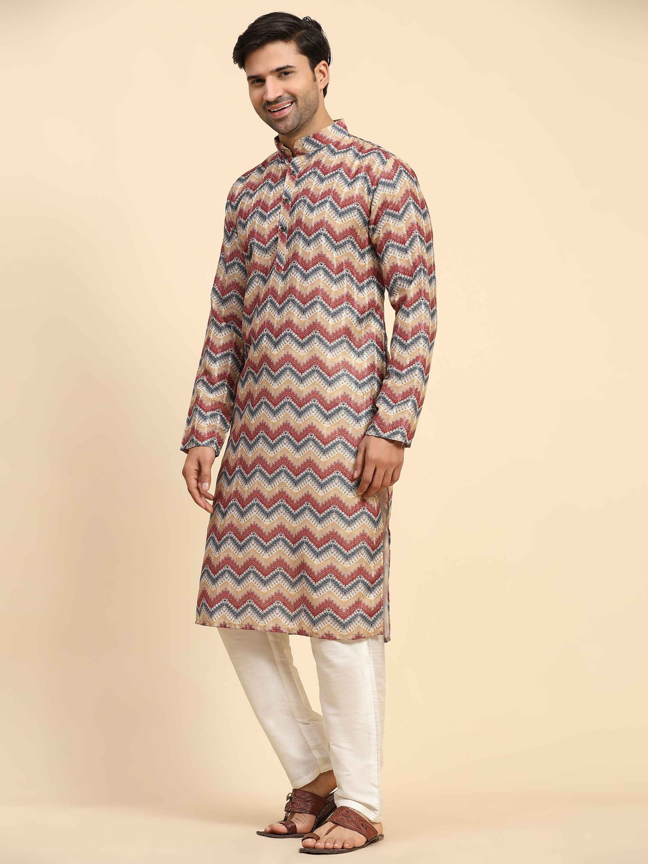 Men's Multi Chevron Print Cotton Kurta Pajama Set