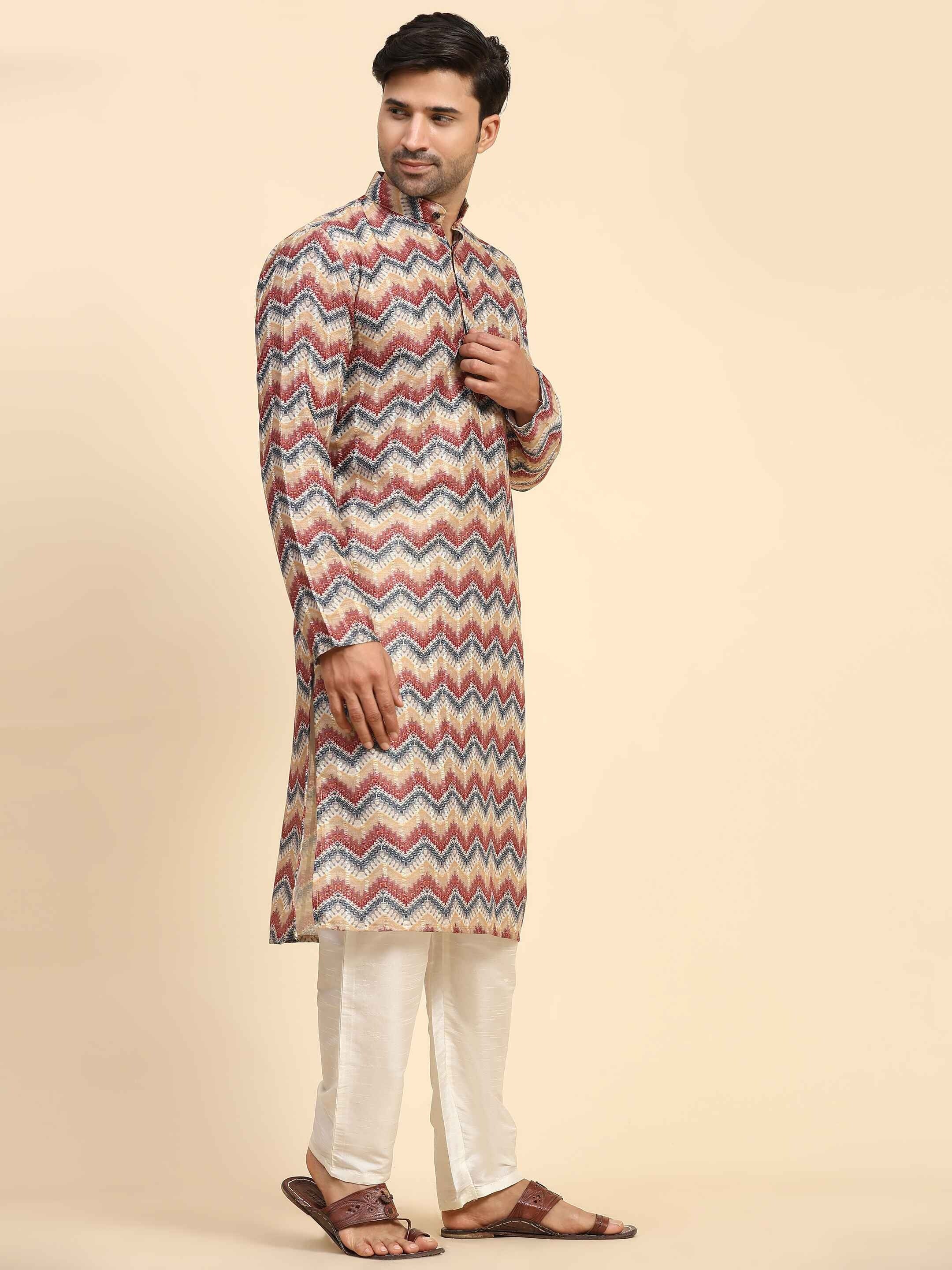 Men's Multi Chevron Print Cotton Kurta Pajama Set