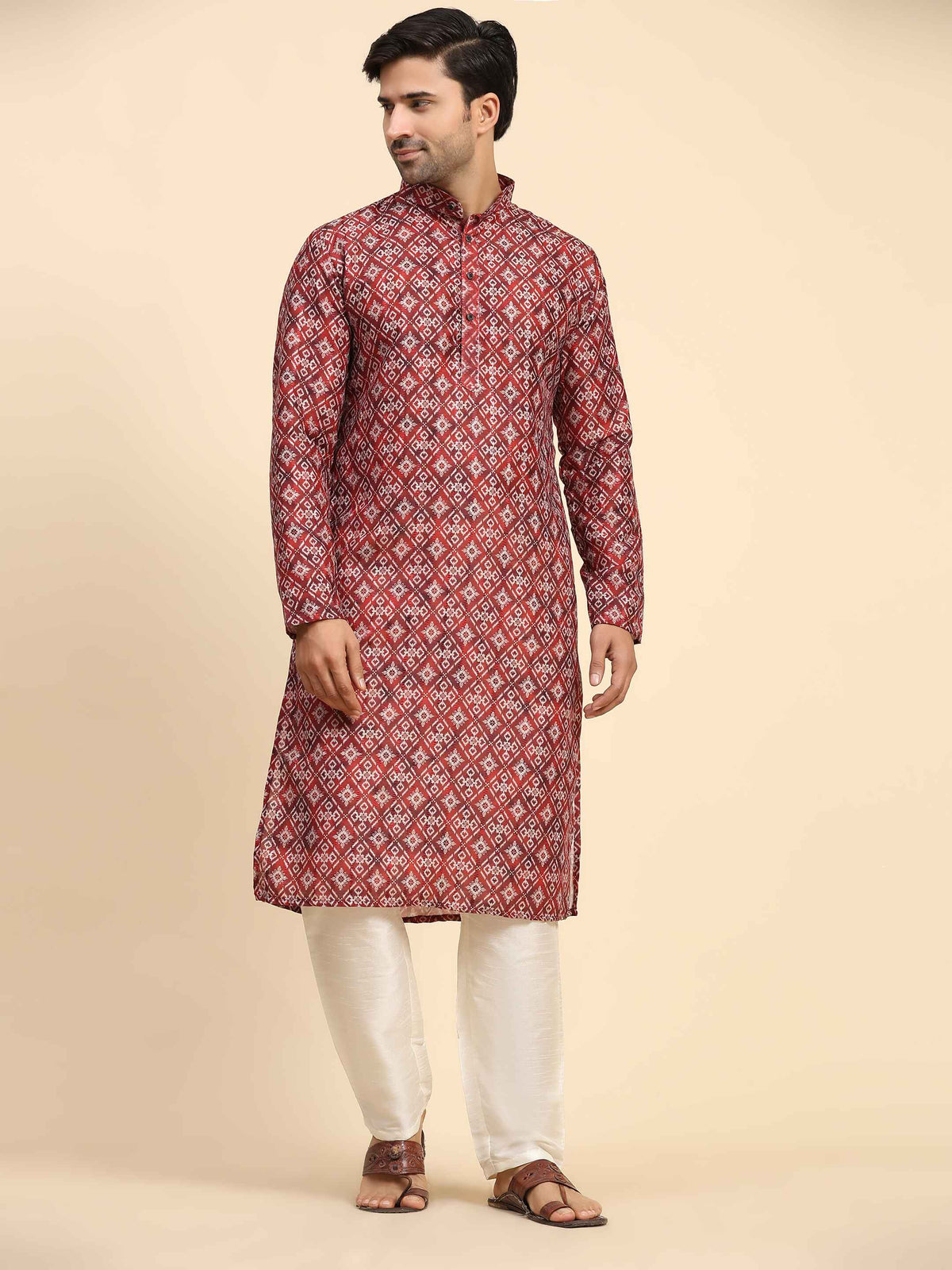 Ensemble pyjama Kurta en coton imprimé numérique rouge Rado pour homme 