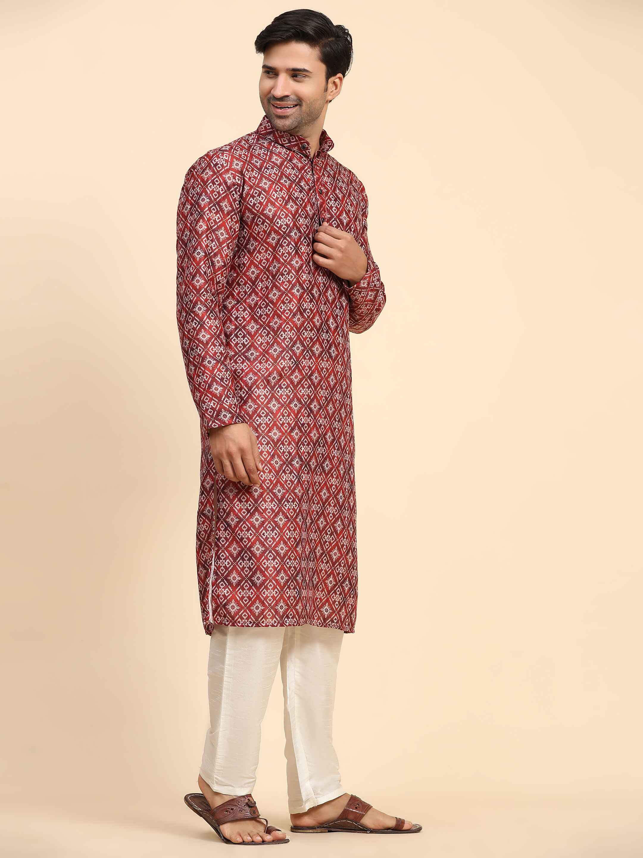 Ensemble pyjama Kurta en coton imprimé numérique rouge Rado pour homme 