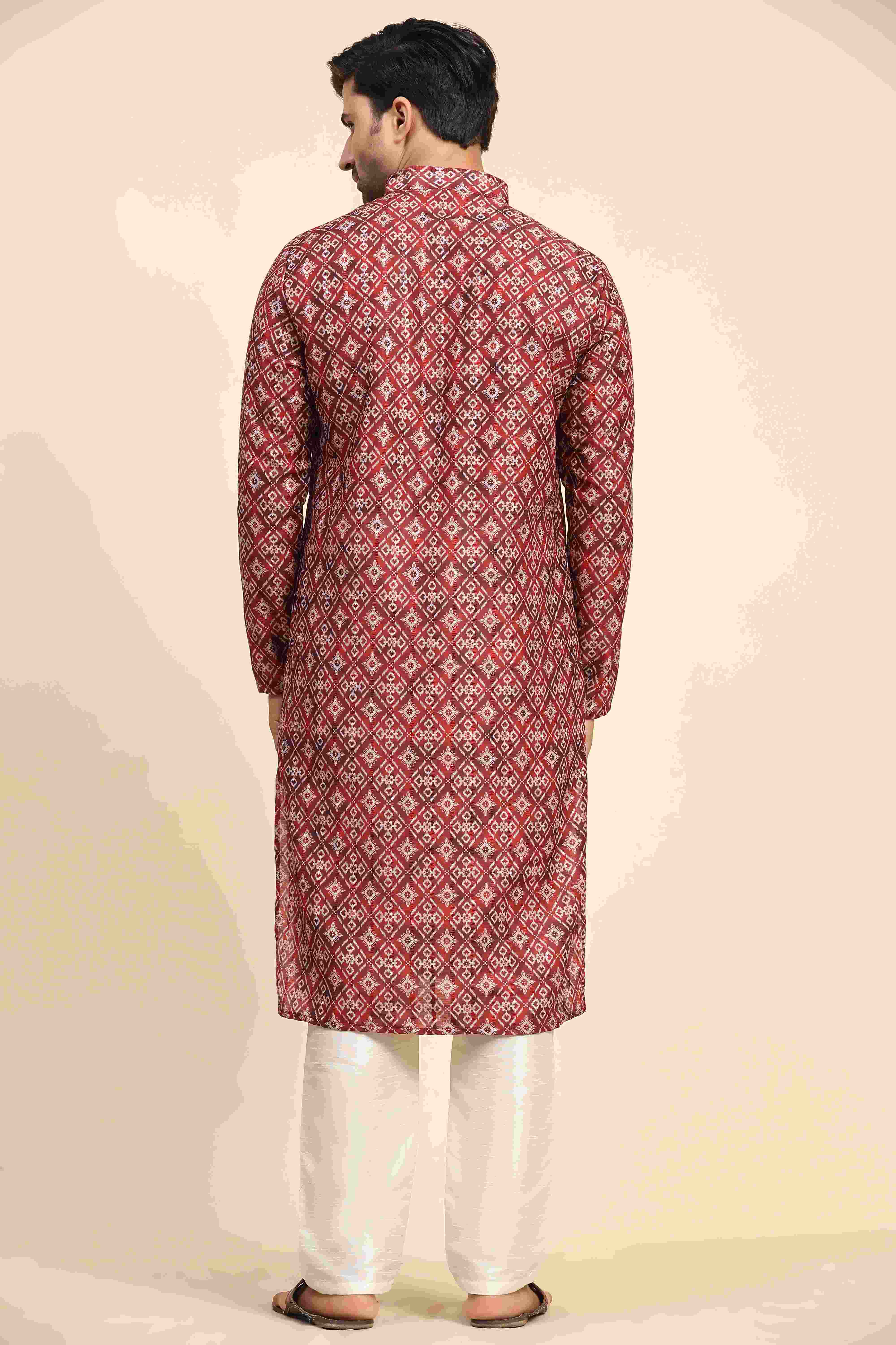 Ensemble pyjama Kurta en coton imprimé numérique rouge Rado pour homme 