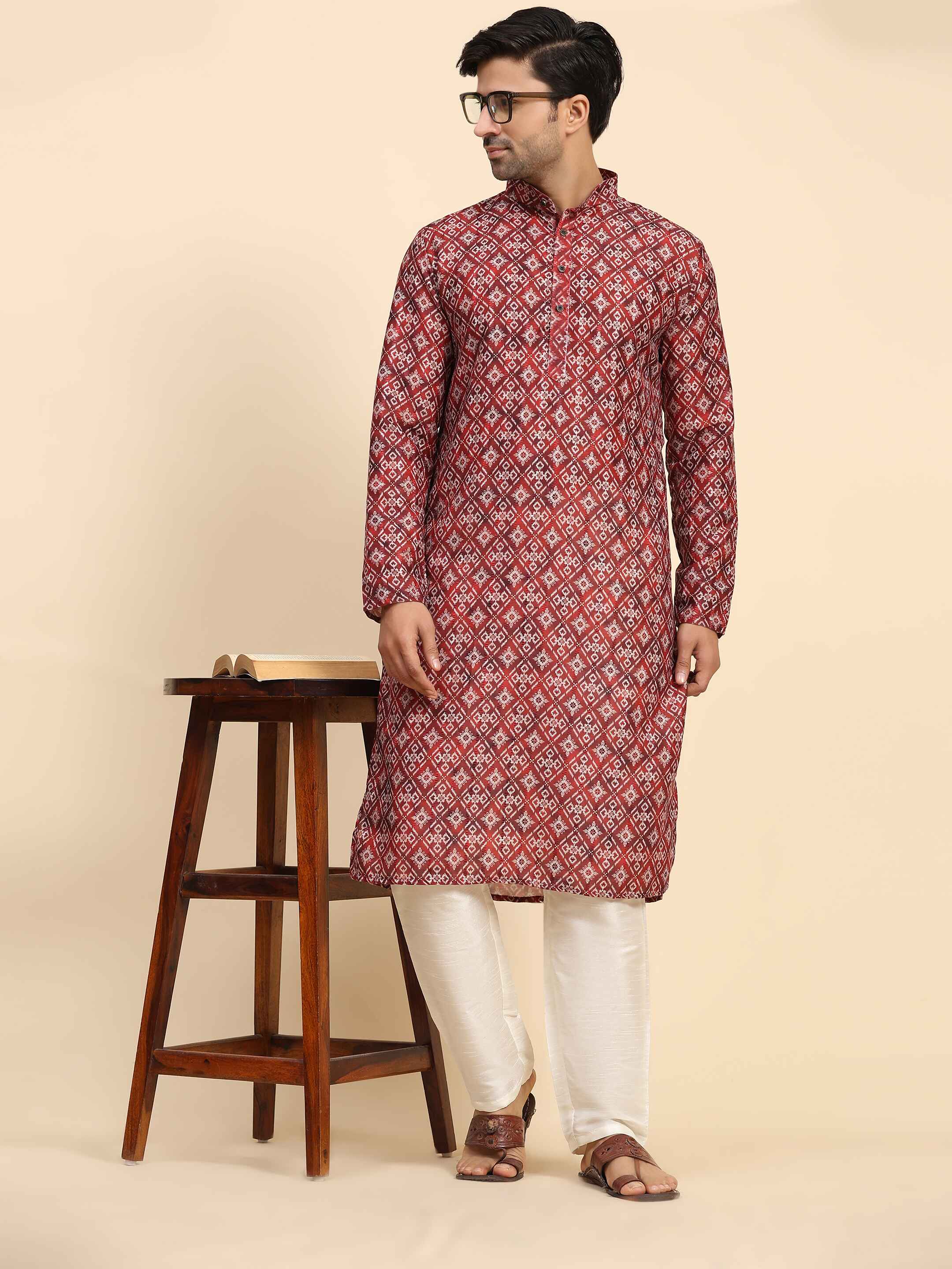 Ensemble pyjama Kurta en coton imprimé numérique rouge Rado pour homme 