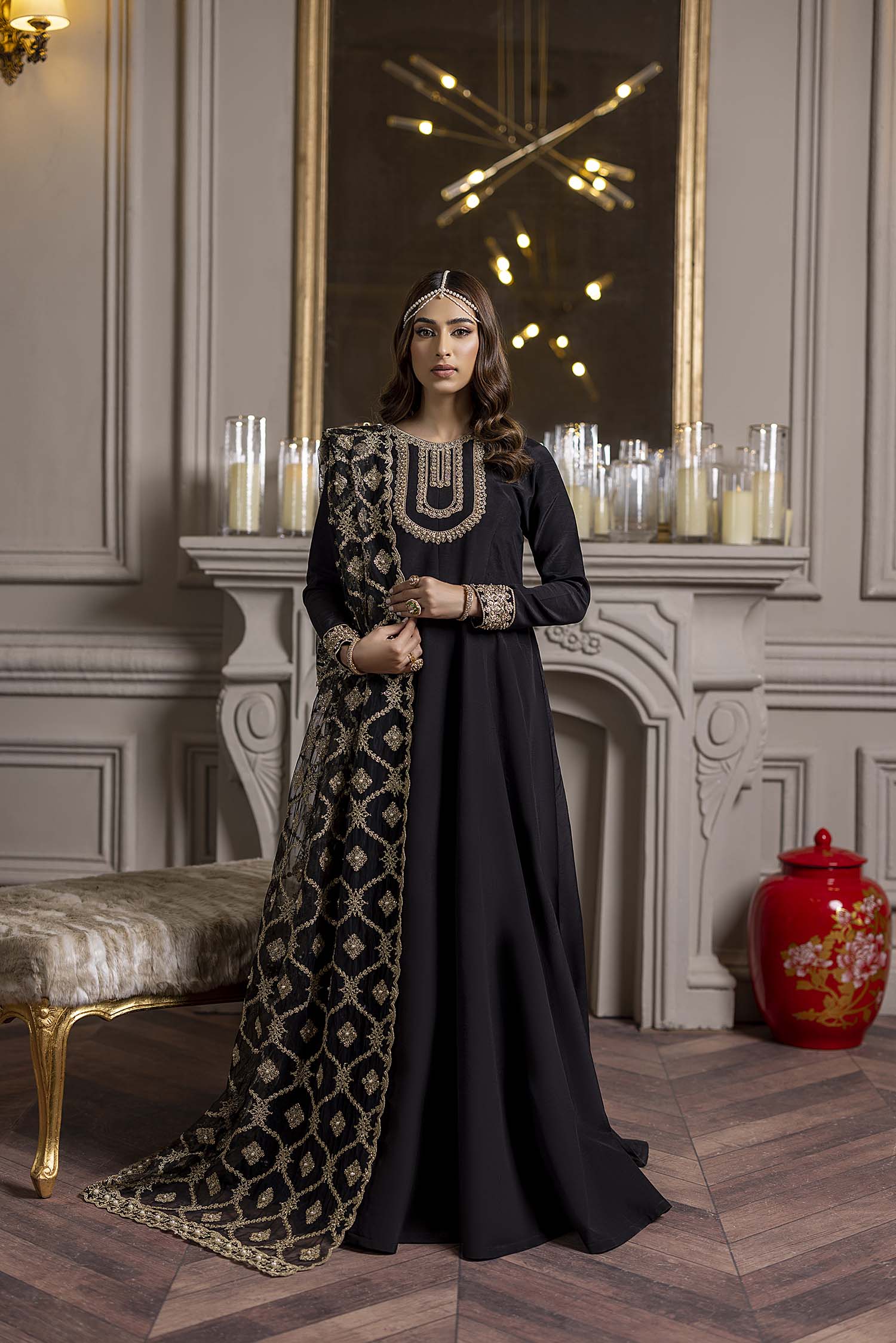 Black Raw Silk Handwork Salwar Suit With Net Dupatta