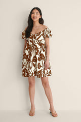 Brown Off Shoulder Mini Polyester Dress With Pocket Details