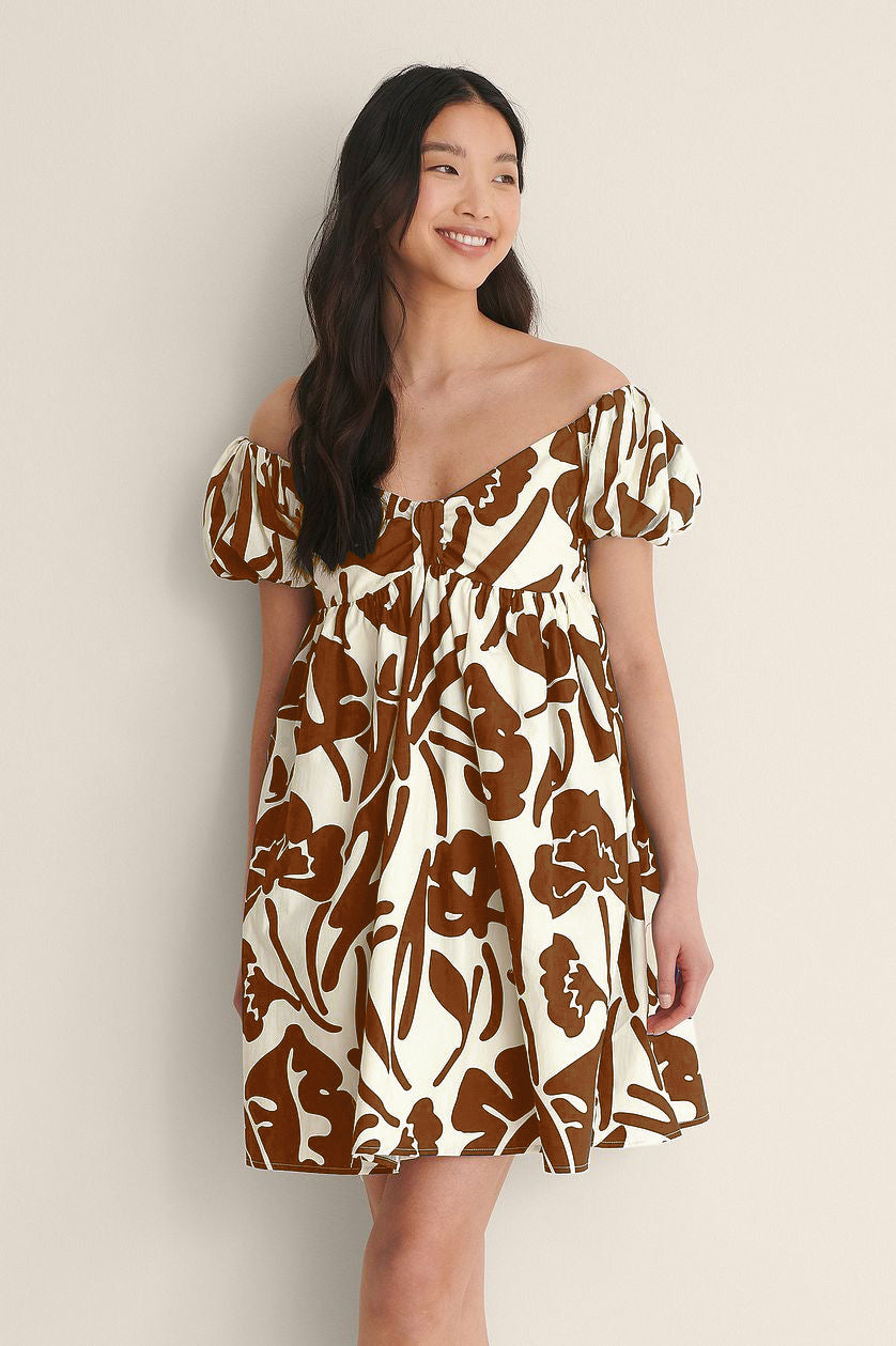 Brown Off Shoulder Mini Polyester Dress With Pocket Details