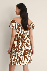 Brown Off Shoulder Mini Polyester Dress With Pocket Details