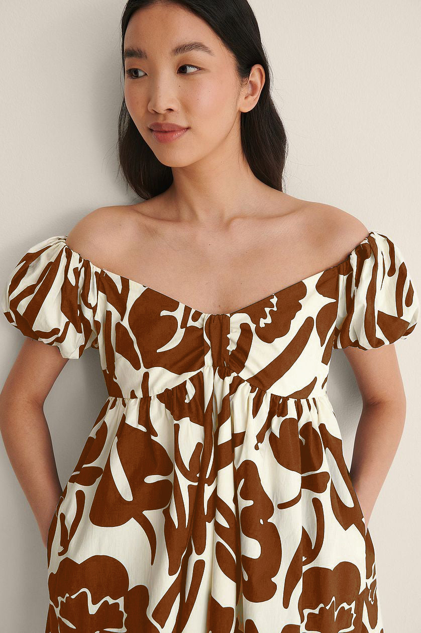 Brown Off Shoulder Mini Polyester Dress With Pocket Details