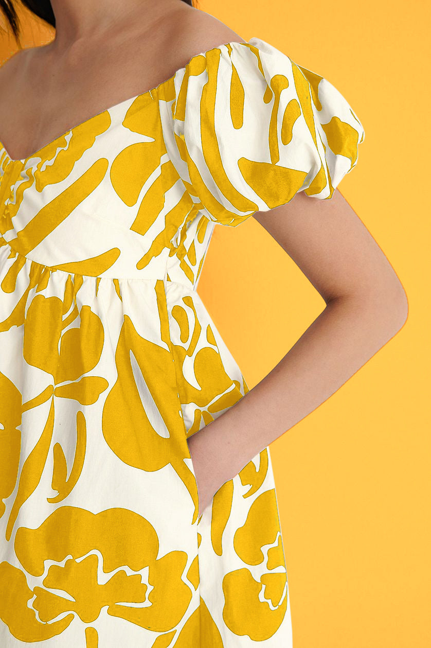 Mustard Off Shoulder Mini Polyester Dress With Pocket Details