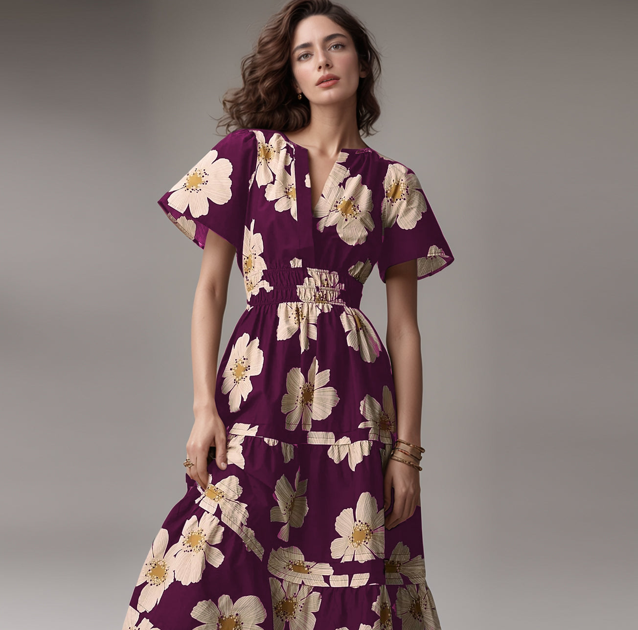 Wine Poly Rayon V-Neck Printed Knee Long Casual Dress