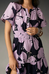 Violet Poly Rayon Round Neck Printed Mini Casual Dress