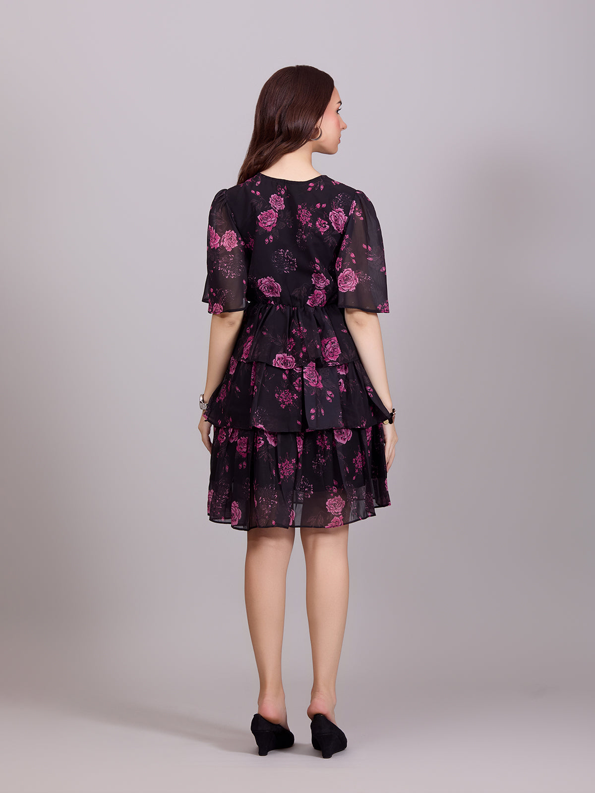 Black V-Neck Poly Rayon Printed Dress With Bell Sleeve