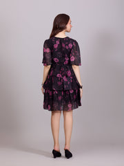 Black V-Neck Poly Rayon Printed Dress With Bell Sleeve