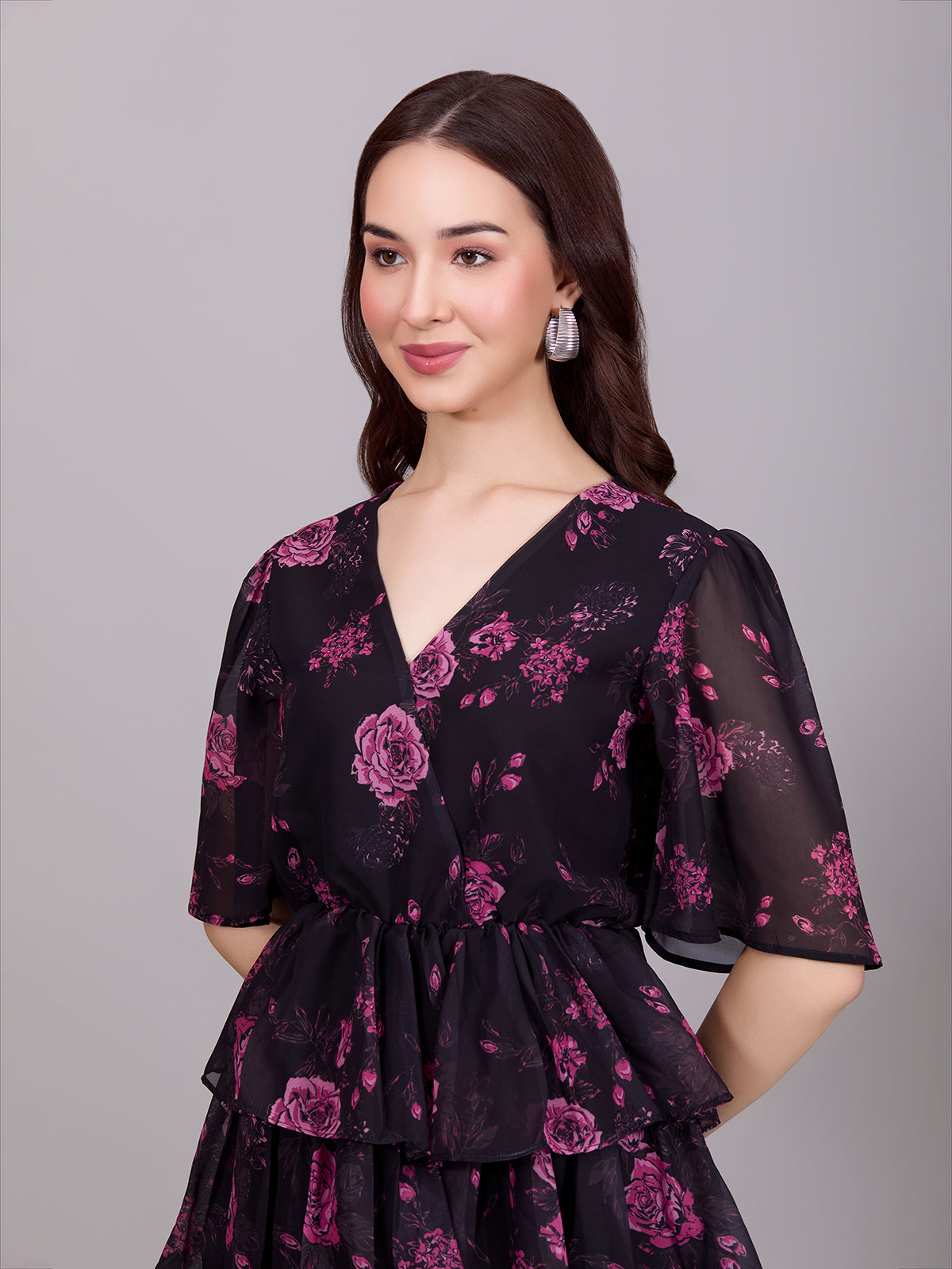 Black V-Neck Poly Rayon Printed Dress With Bell Sleeve