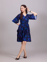 Blue V-Neck Poly Rayon Printed Dress With Kaftan Sleeve