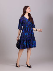 Blue V-Neck Poly Rayon Printed Dress With Kaftan Sleeve