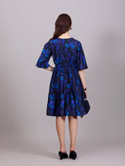 Blue V-Neck Poly Rayon Printed Dress With Kaftan Sleeve