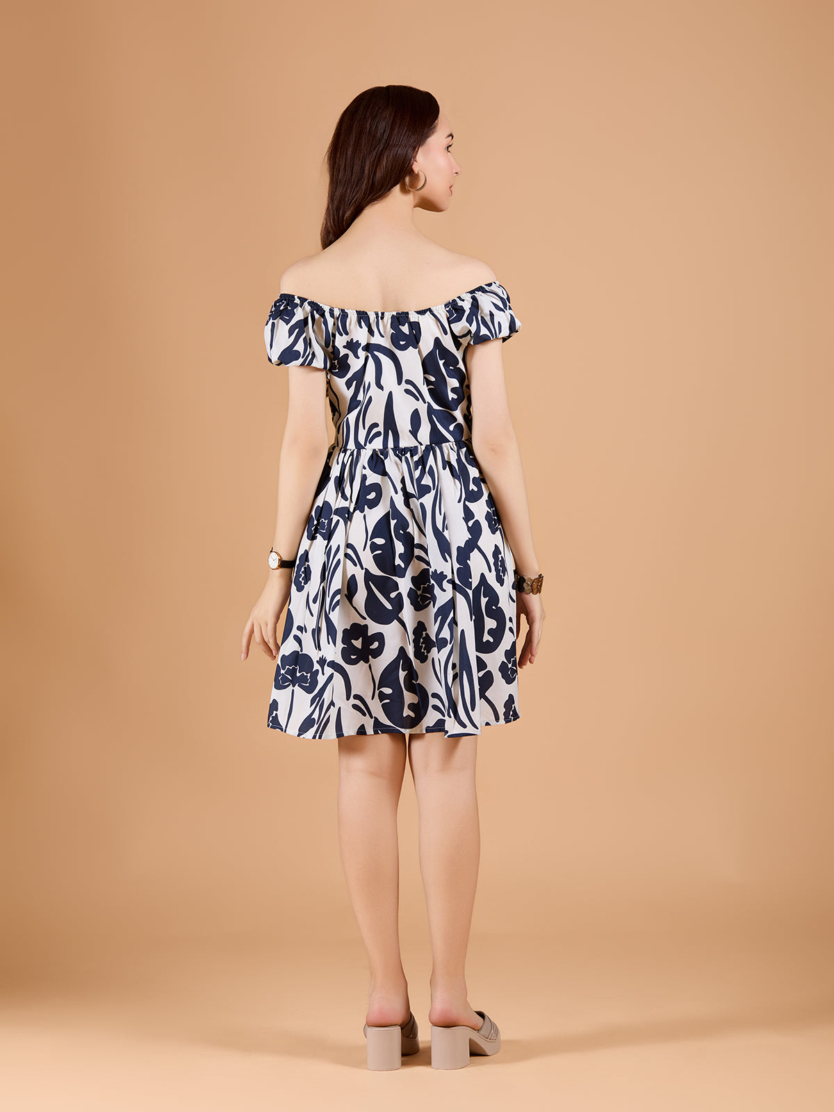 Dark Blue V-Neck Poly Rayon Printed Dress With Off-shoulder