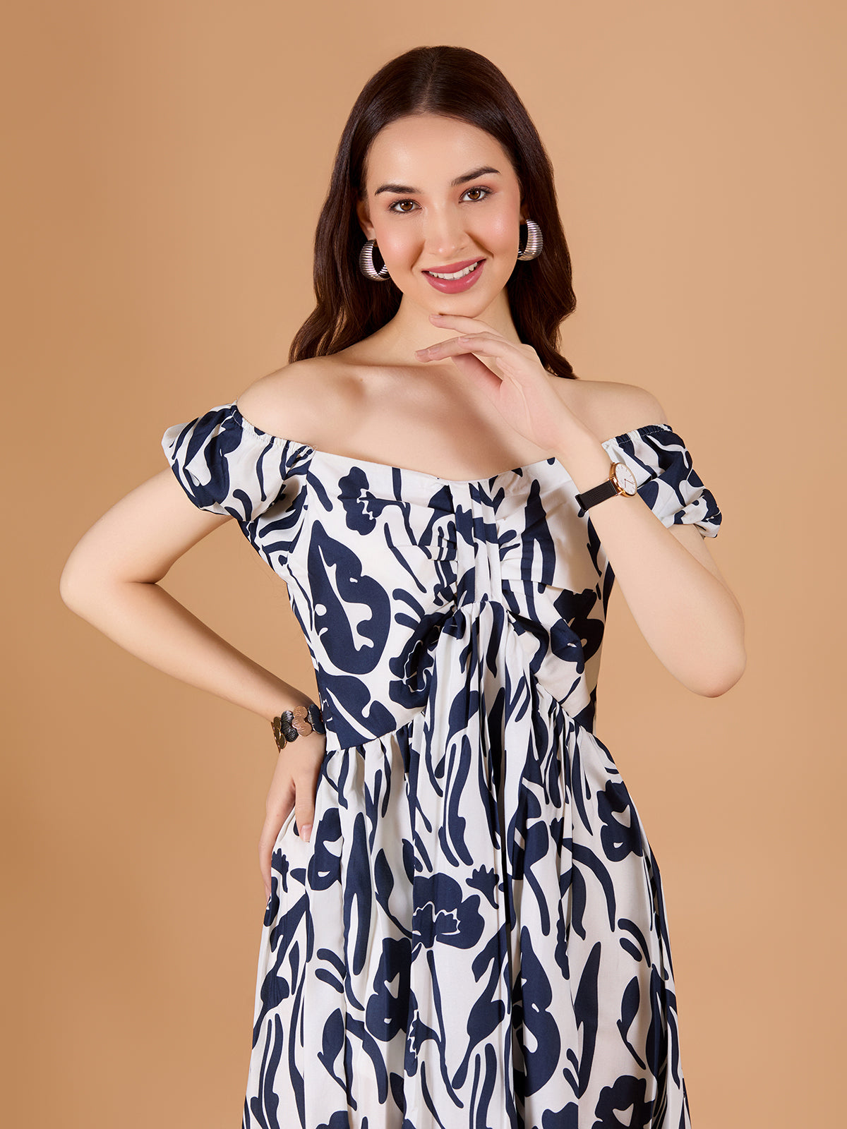 Dark Blue V-Neck Poly Rayon Printed Dress With Off-shoulder