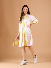 White Collared Poly Satin Printed Dress With Cuff Sleeve