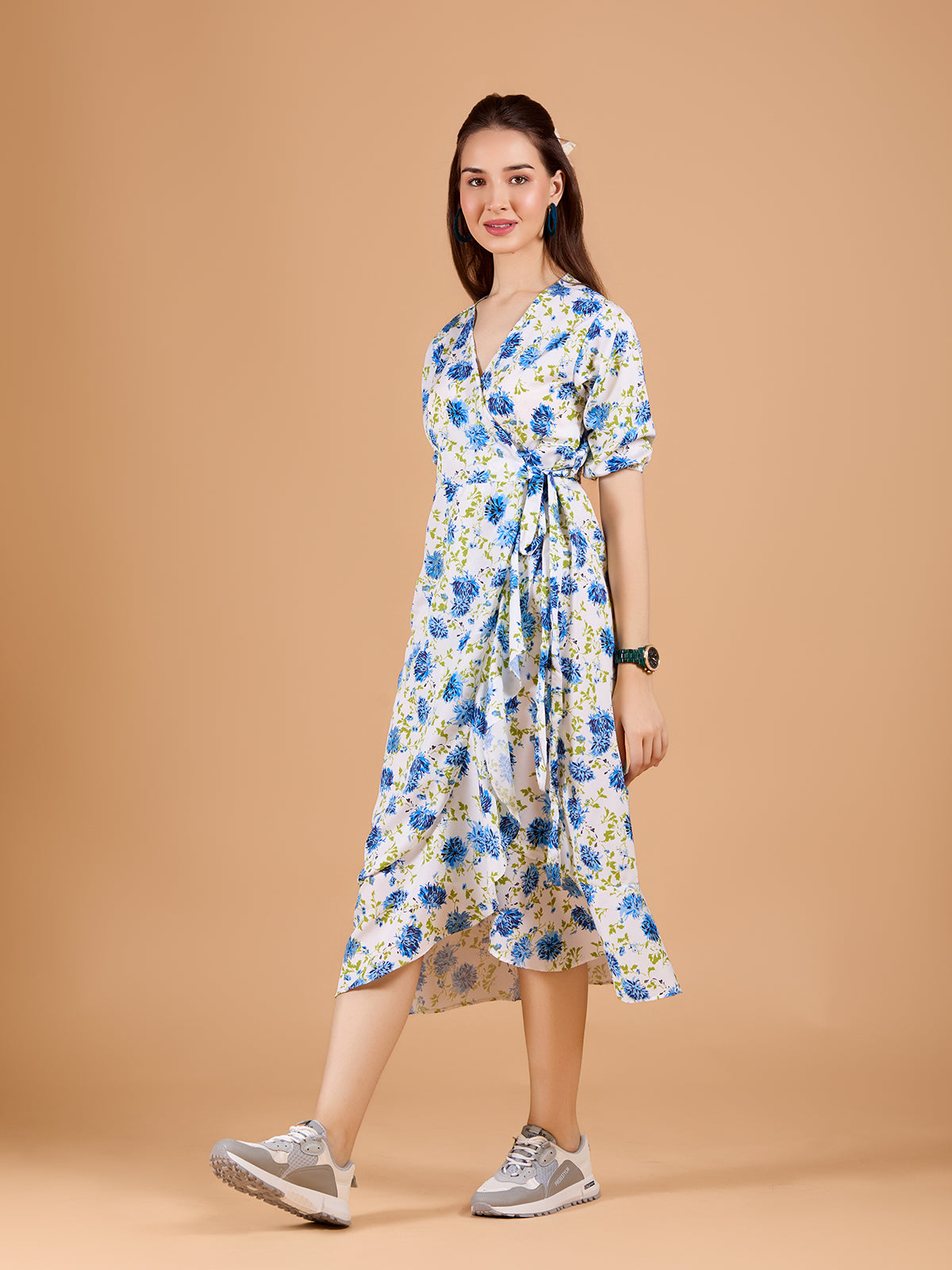 White V-Neck Poly Rayon Printed Dress With Puff Sleeves