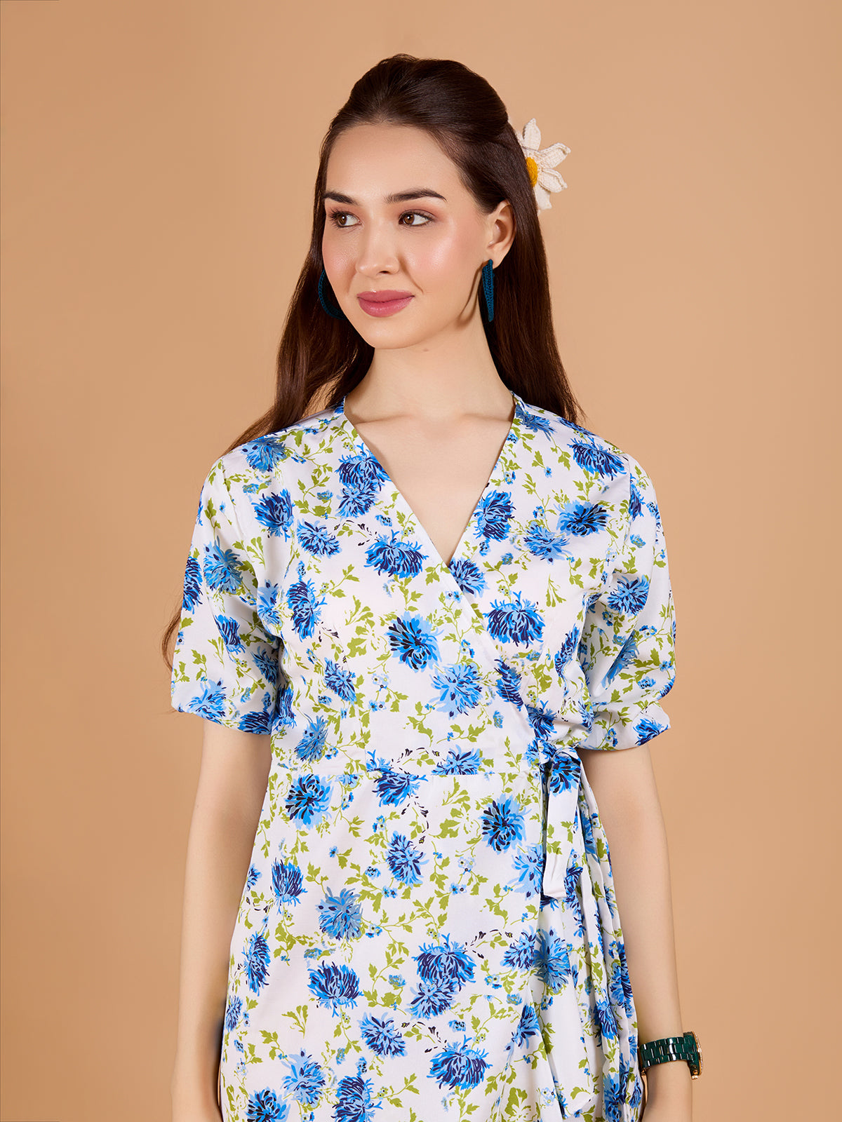 White V-Neck Poly Rayon Printed Dress With Puff Sleeves