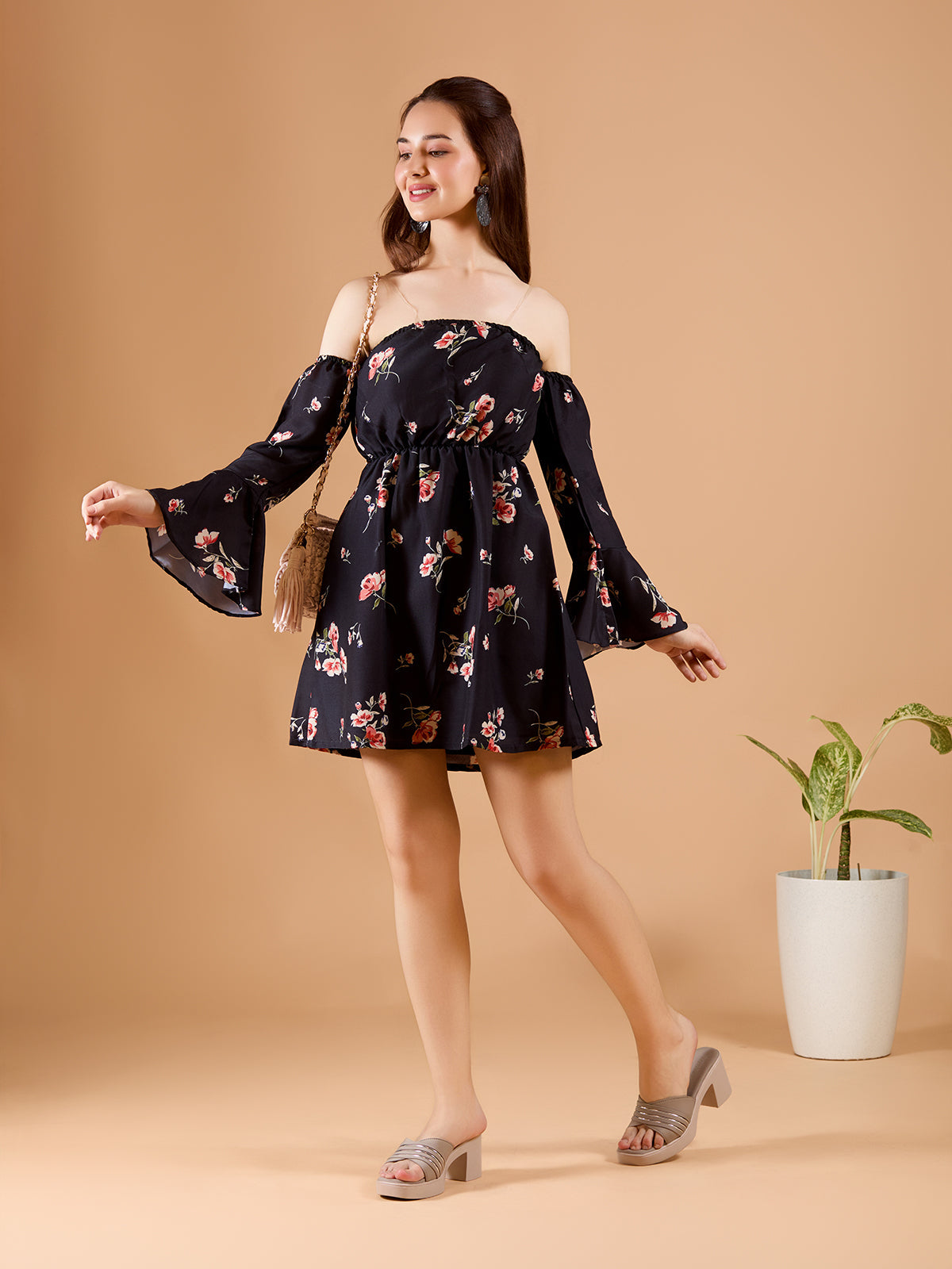 Black Tube Poly Rayon Printed Dress With Bell Sleeve