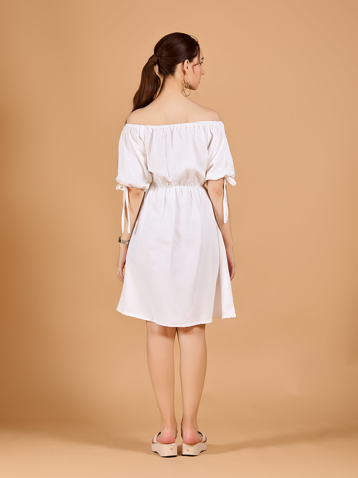 White Tube Poly Rayon Solid Dress With Off-shoulder