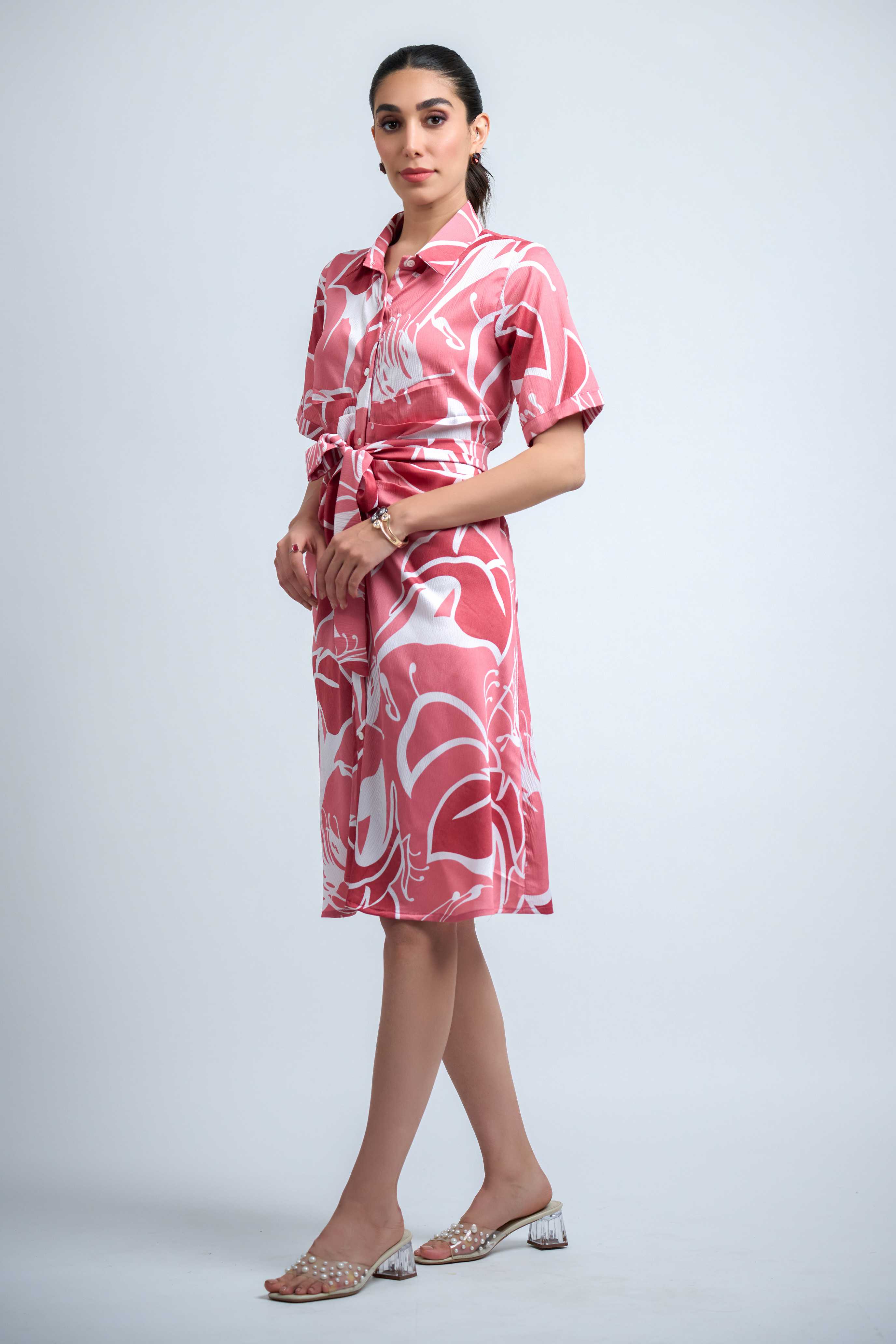Peach-White Poly Crepe Point Collar Regular Sleeves Abstract Knee Length Dress