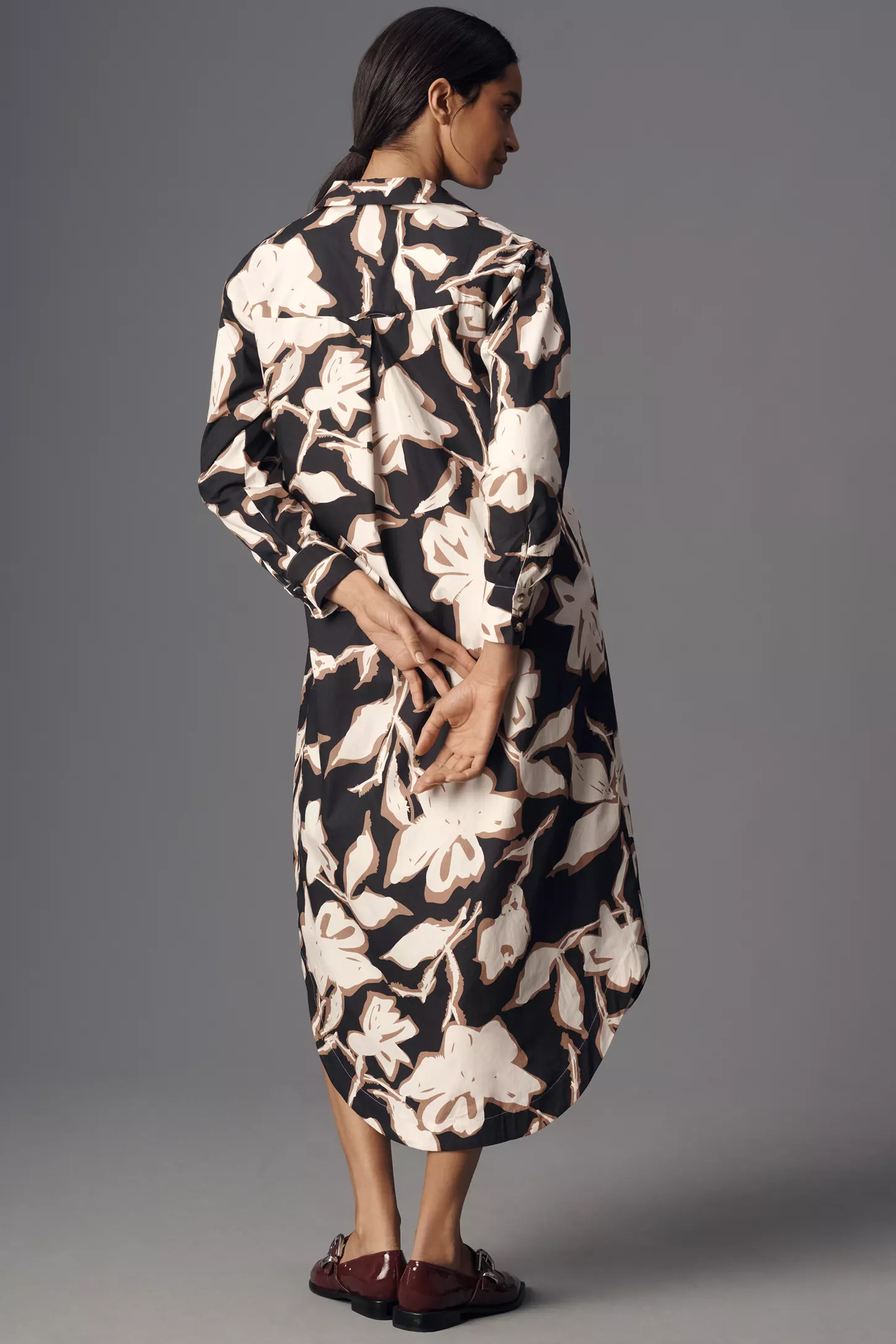 Black Poly Rayon Collared Cuff Sleeve Floral Print Calf Length Dress