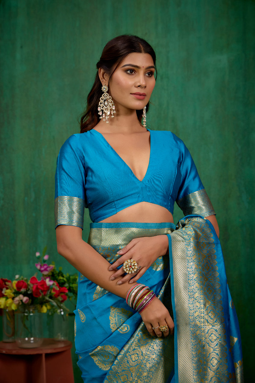 Teal Banarasi Art Silk Woven Ready to Wear Saree