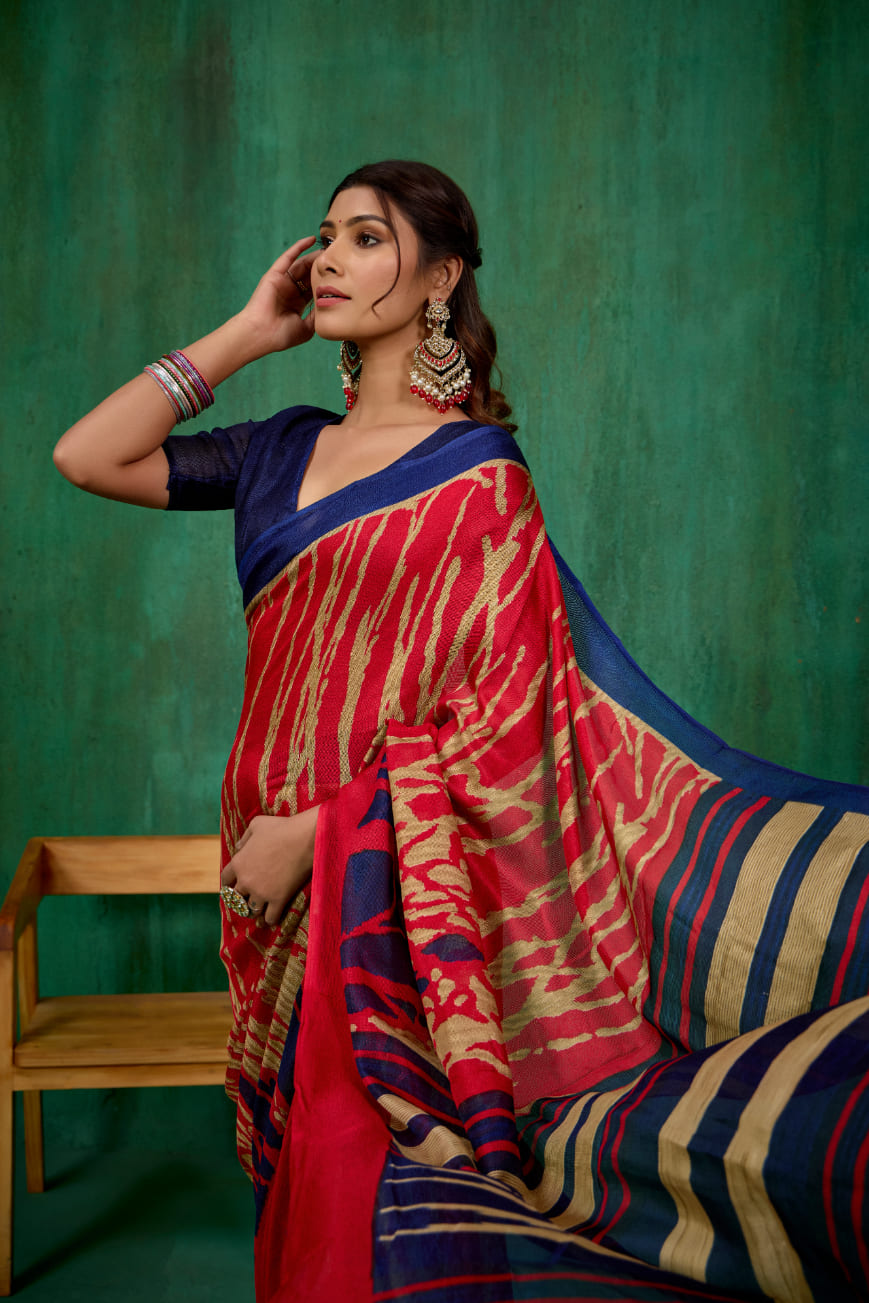 Red Linen Printed Ready to Wear Saree