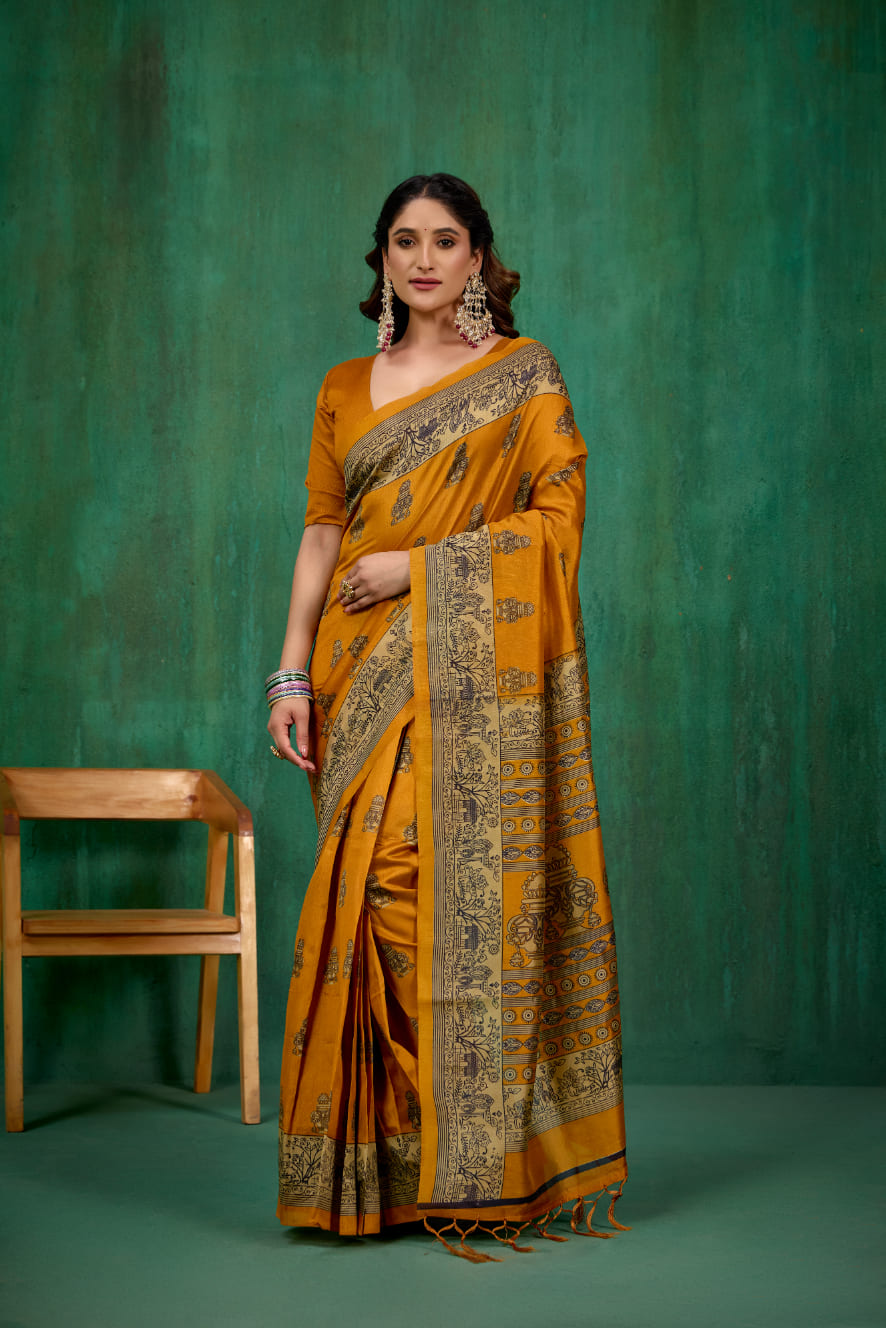 Mustard Mysore Art Silk Printed Ready to Wear Saree