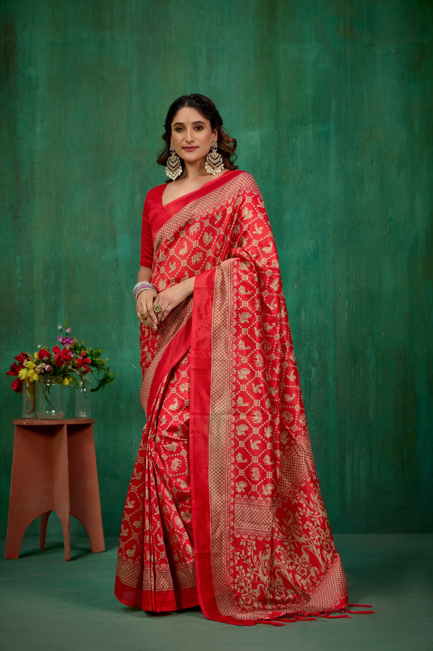 Red Mysore Art Silk Printed Ready to Wear Saree