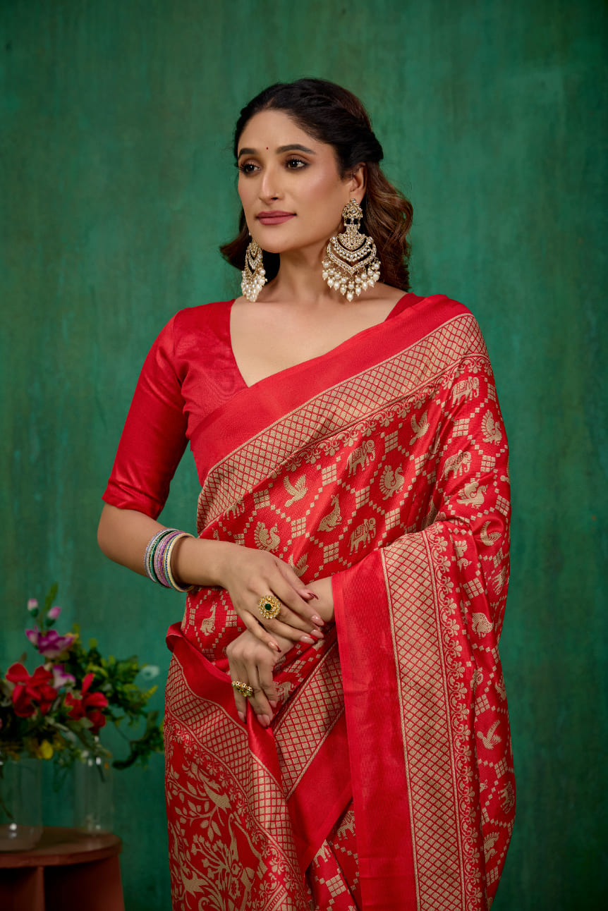 Red Mysore Art Silk Printed Ready to Wear Saree