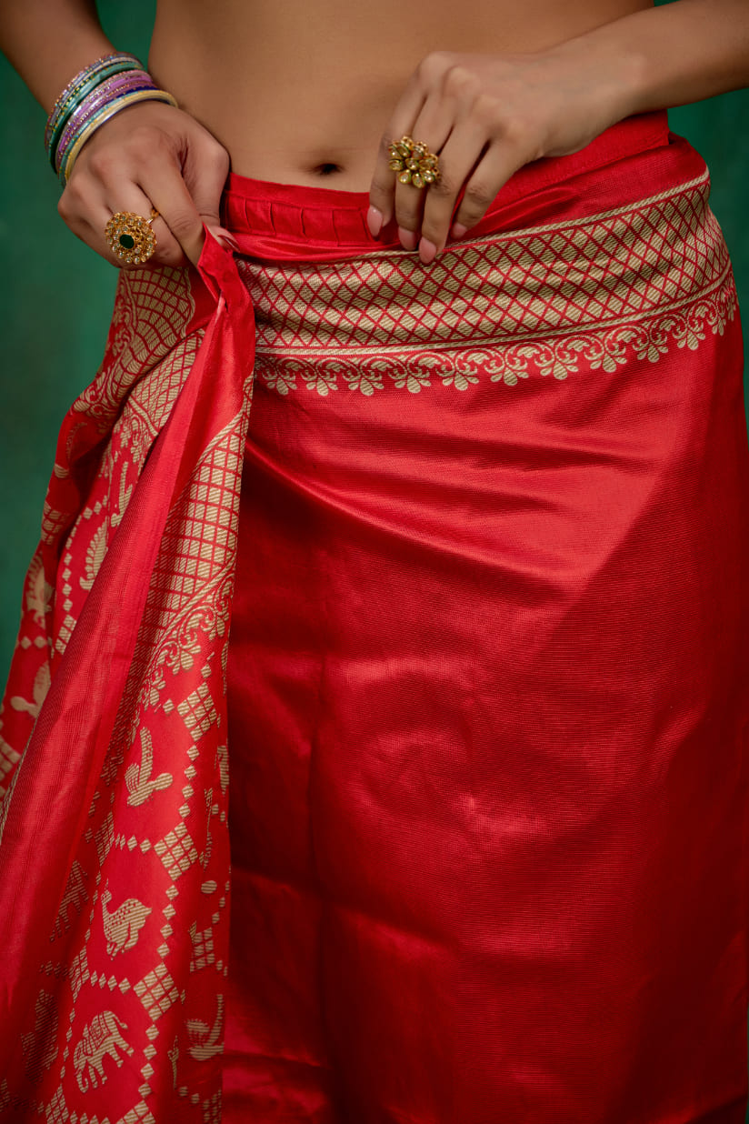 Red Mysore Art Silk Printed Ready to Wear Saree