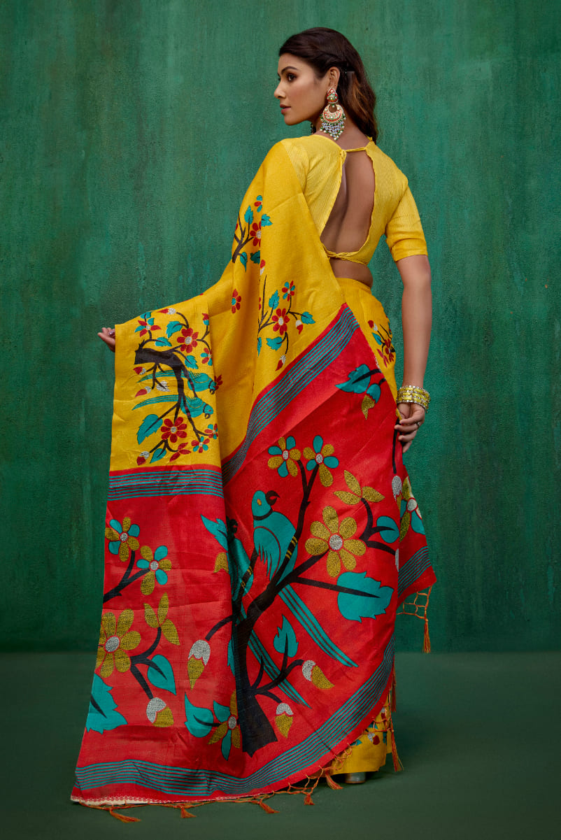 Mustard Mysore Art Silk Printed Ready to Wear Saree