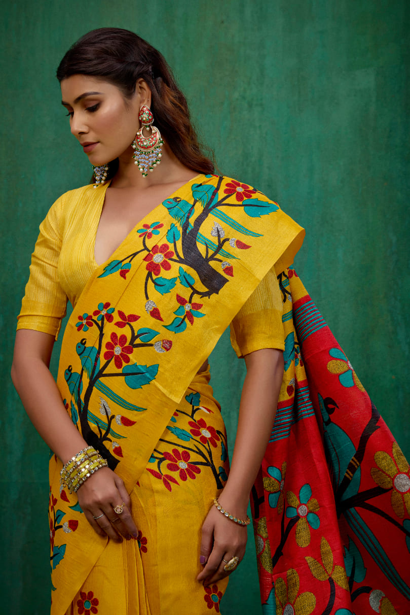 Mustard Mysore Art Silk Printed Ready to Wear Saree