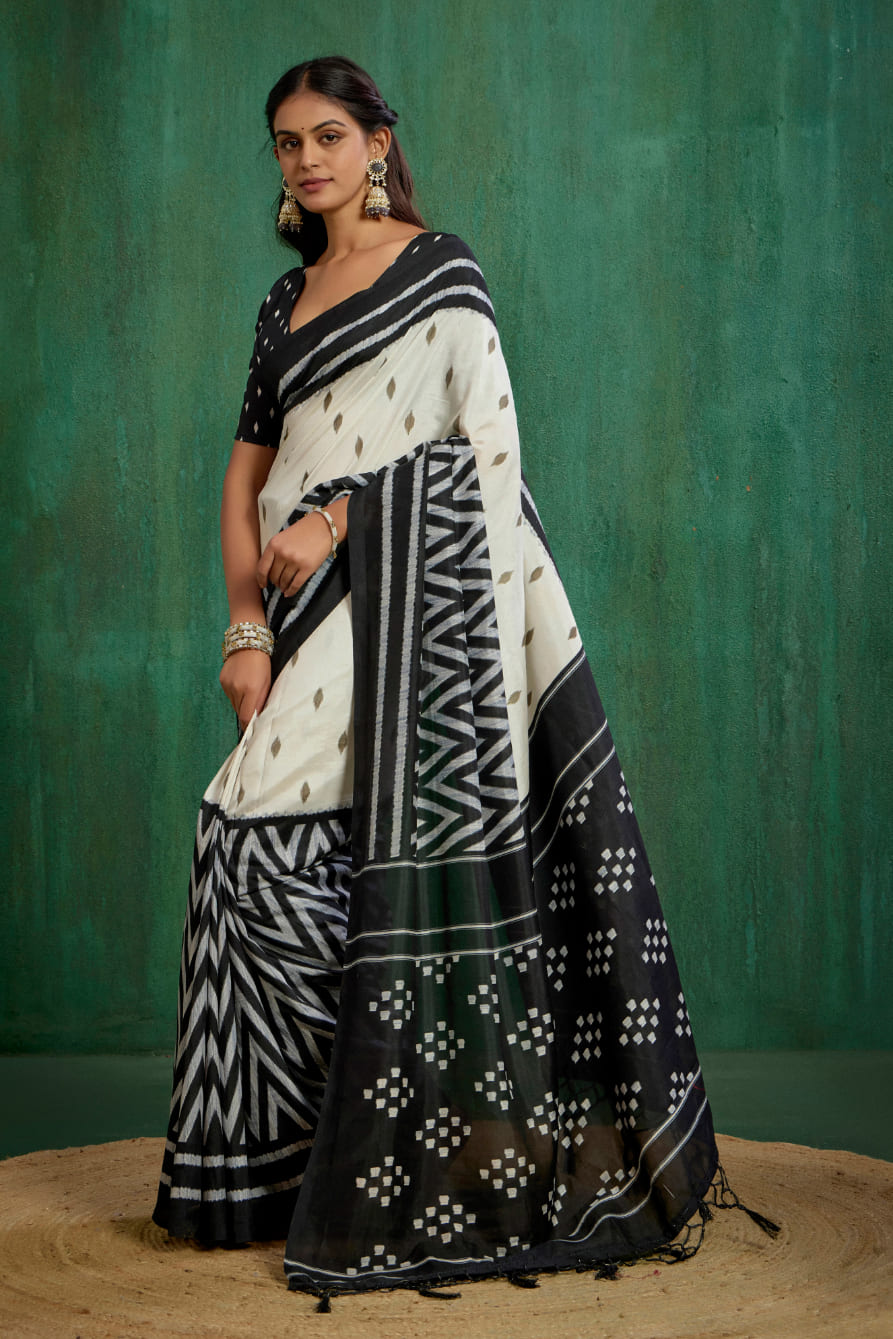 Off White Mysore Art Silk Printed Ready to Wear Saree