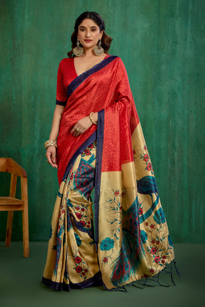 Red Mysore Art Silk Printed Ready to Wear Saree