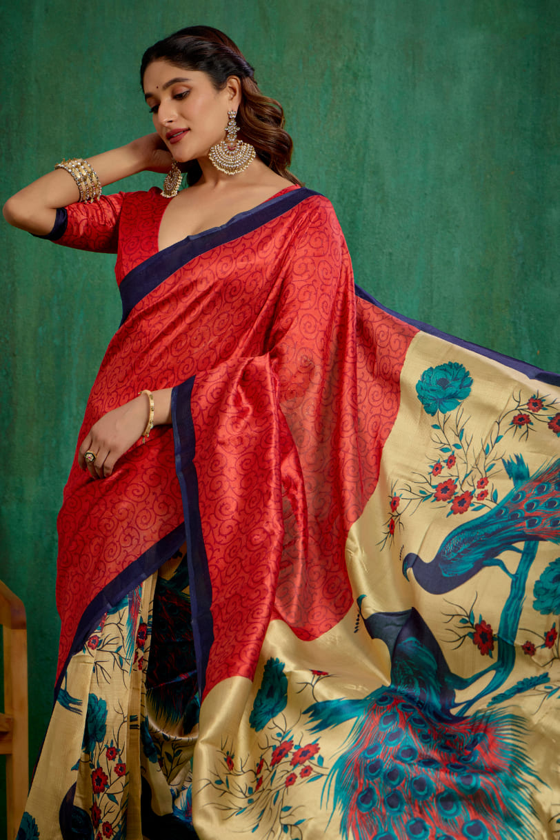 Red Mysore Art Silk Printed Ready to Wear Saree