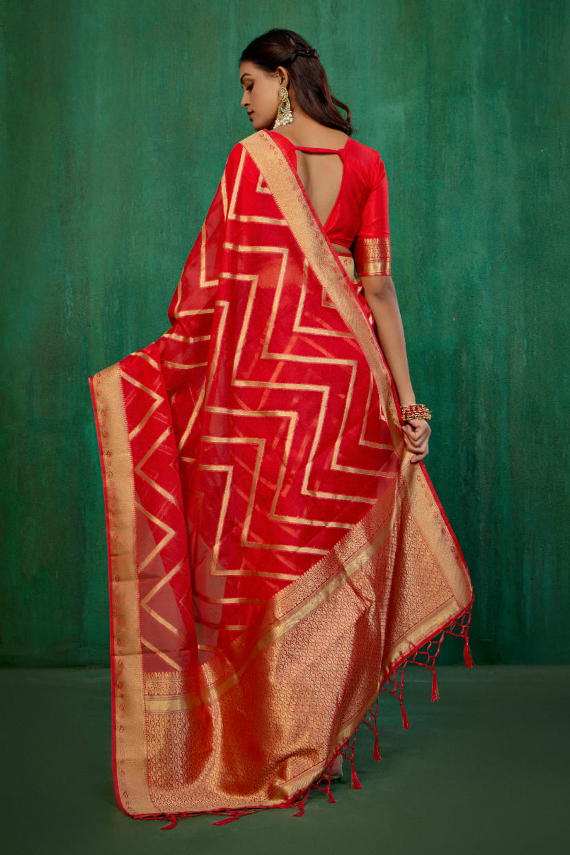 Red Organza Silk Woven Ready to Wear Saree