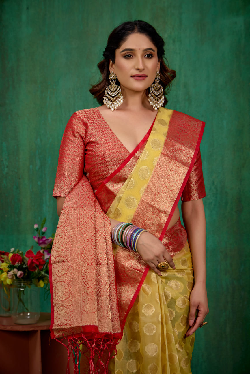 Yellow Organza Silk Woven Ready to Wear Saree