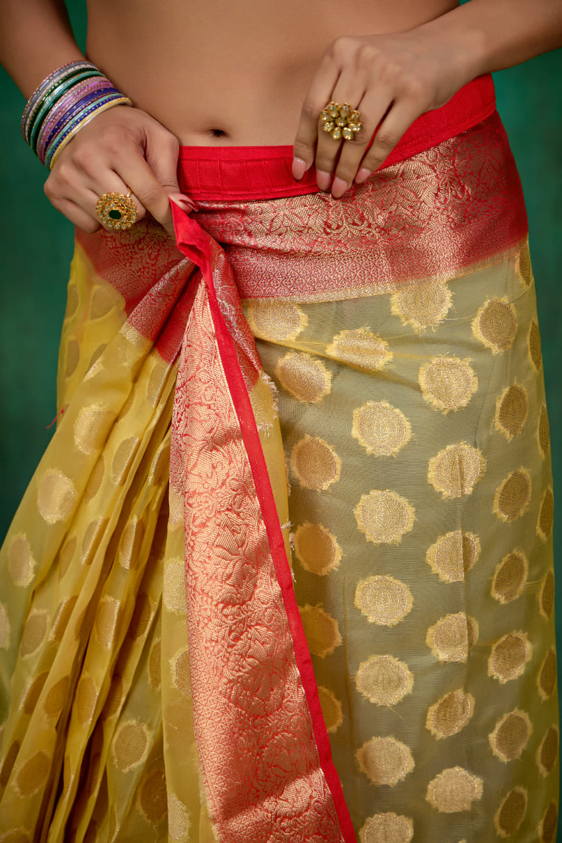 Yellow Organza Silk Woven Ready to Wear Saree