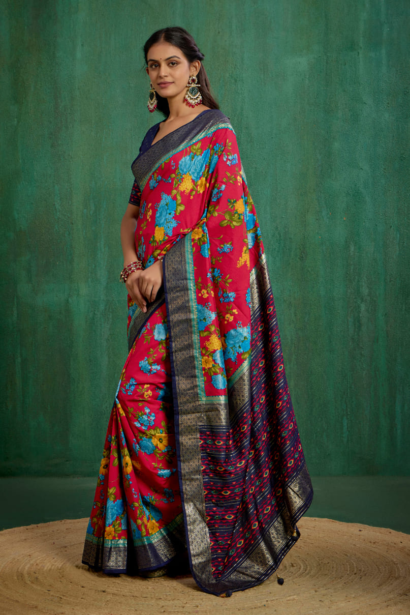 Vivid Burgundy Cotton Silk Floral Print Ready to Wear Saree