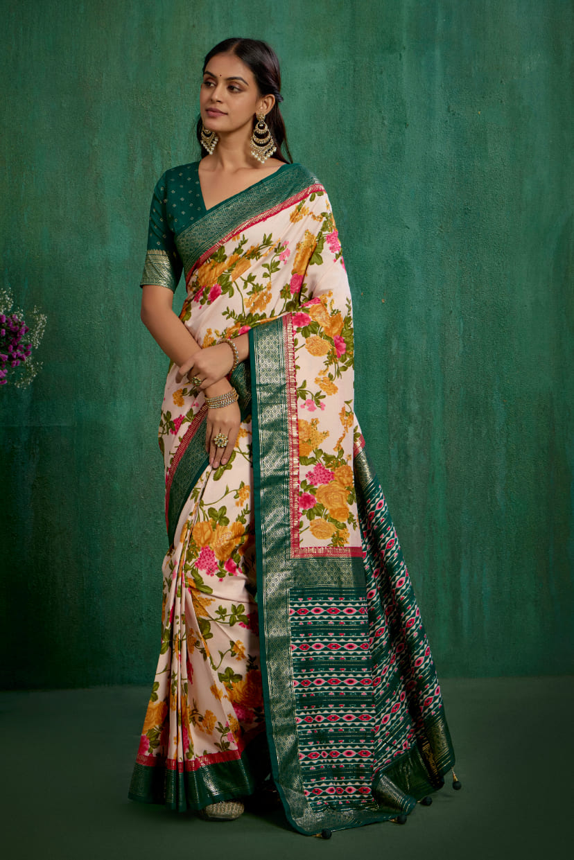 Rose Gold Cotton Silk Floral Print Ready to Wear Saree